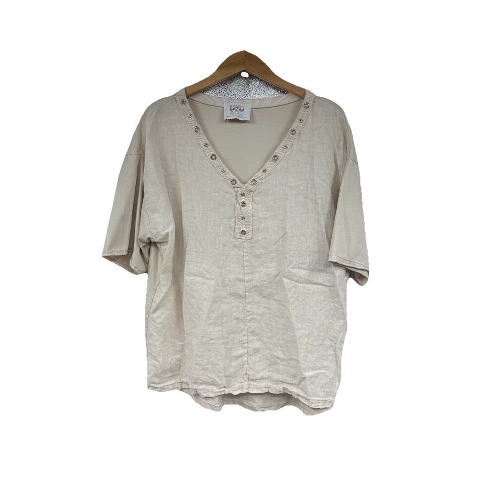 Brand Bazar Beige V Neck Sparkle Grommet Linen Blend T Shirt Loose Womens L/XL